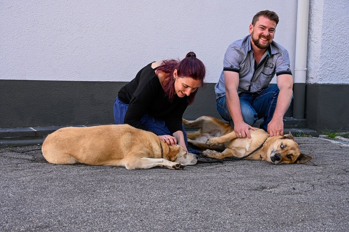 Gäste mit Hund vor den Arberherz Apartments in Bodenmais